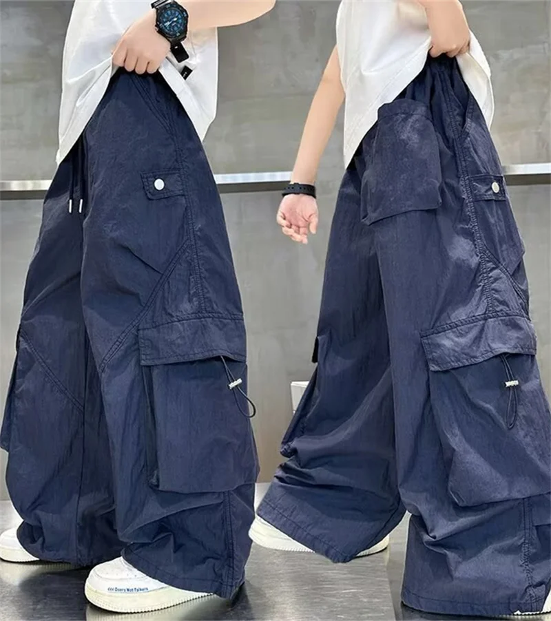 Children Spring Casual Cargo Pants Kids Fashion Loose Straight-Leg Wide-Leg Pants Boys Versatile Autumn Outdoor Trousers 5-14Y