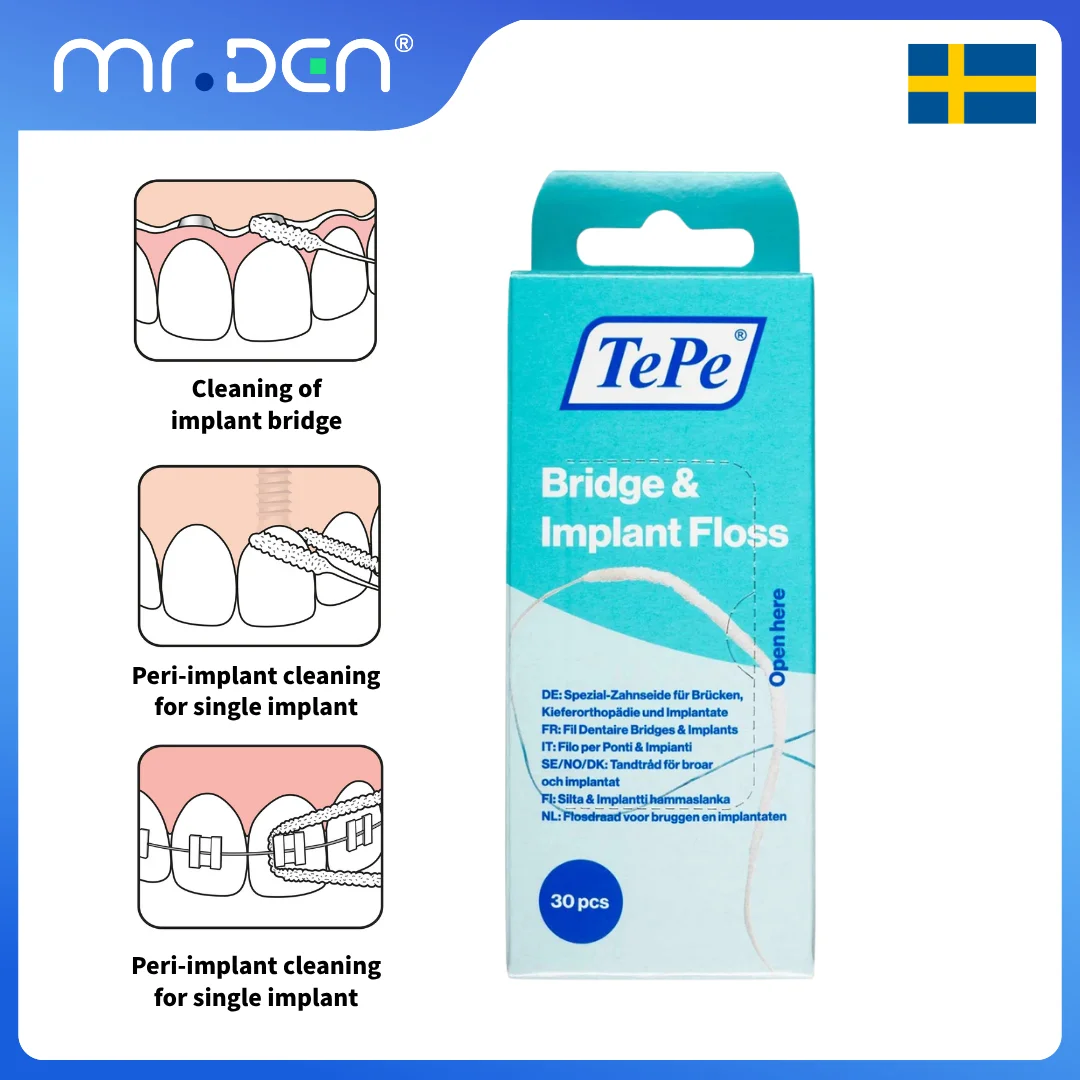 MR DEN TePe Bridge & Implant Floss 30 Pieces For Dental Implant Bridge Braces Orthodontic Appliance Oral Plaque Cleaning