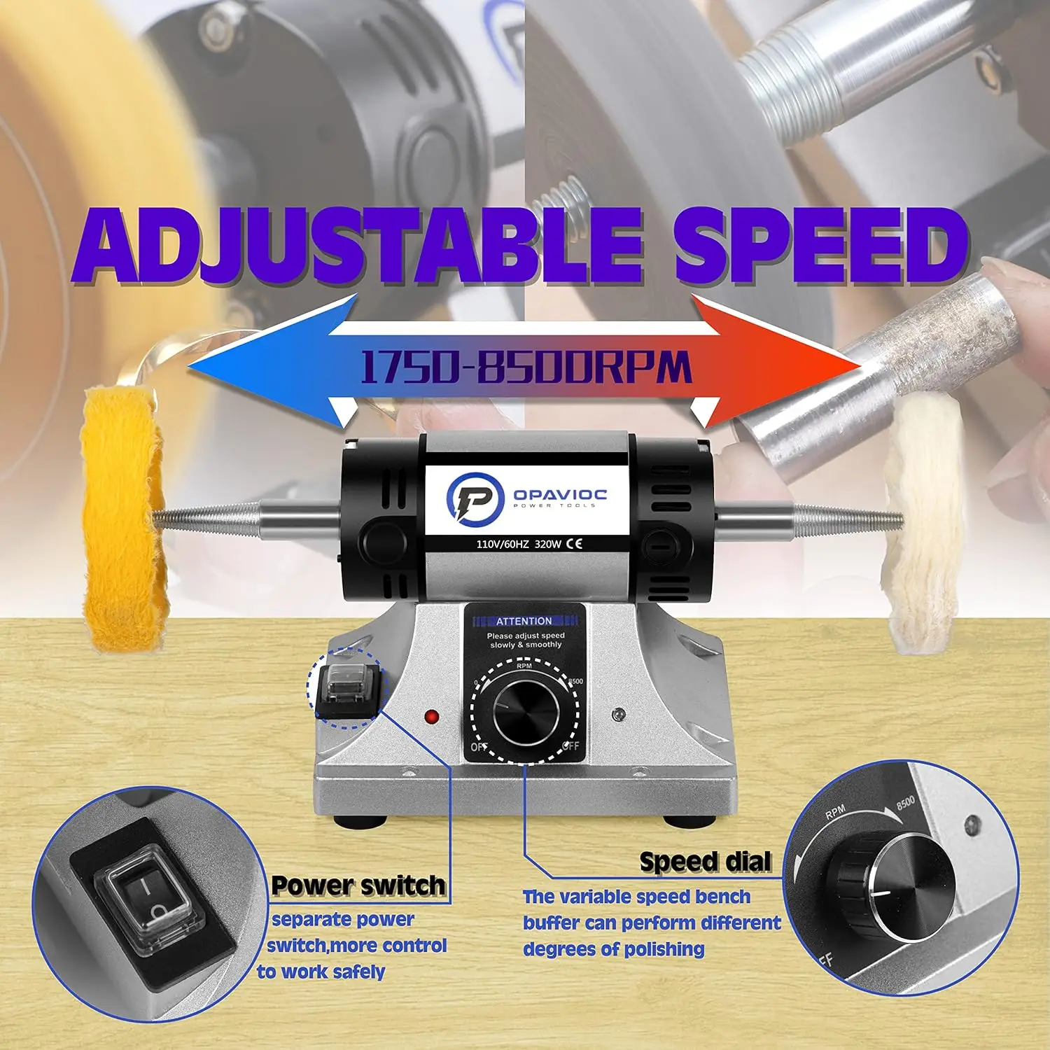 ملمع مطحنة سرعة قابل للتعديل مع عجلات وزجاج أمان للمجوهرات والمعادن واستخدام الأسنان