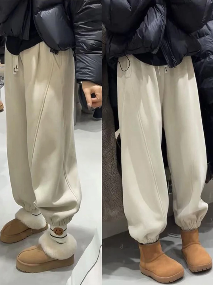 

Женские утепленные флисовые брюки с высокой талией, осенне-зимние, новинка, корейский стиль, свободные повседневные теплые спортивные штаны с широкими штанинами