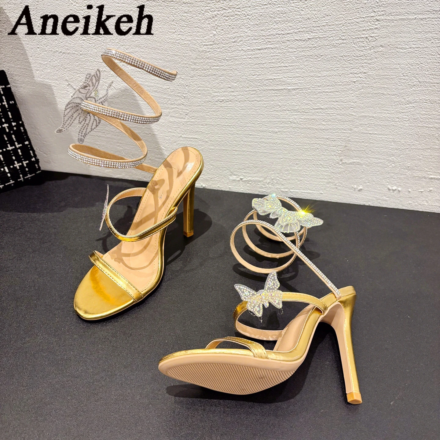 Aneikeh Summer Sexy Water Diamond Slim Heel Diamond Butterfly Fashion Sandals High Heels Women Slides Slip-On Party Pumps Shoes