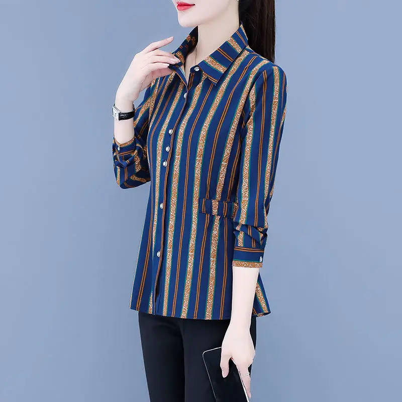 Striped All-match Fashion Women\'s Clothing 2023 Spring Long Sleeve Button Slim Tops Women New Elastic Waist Shirt