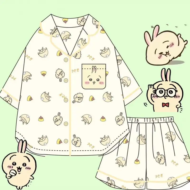 Y2K Kawaii Usagi Short-Sleeved Pajamas Chiikawa Cute Pajamas Hachiware Summer Cartoon Home Clothes Set Outside Girl's Clothing