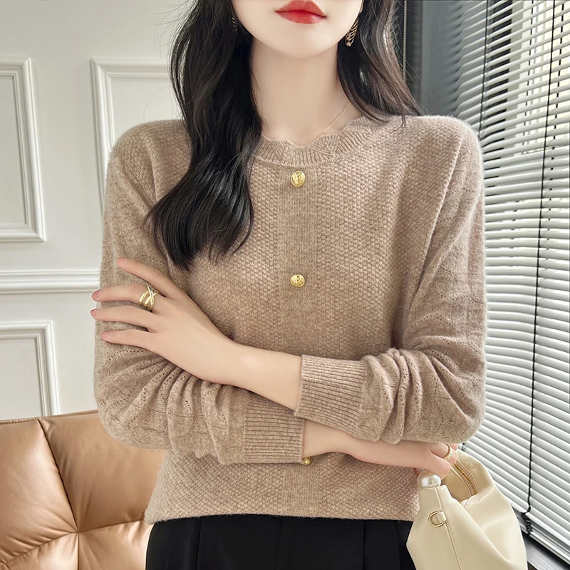 Women\'s Pullover Autumn/Winter 100% Wool Sweater Casual Solid Knit Sweater Round Neck Loose Tops Fashion Korean Hollow Blouse