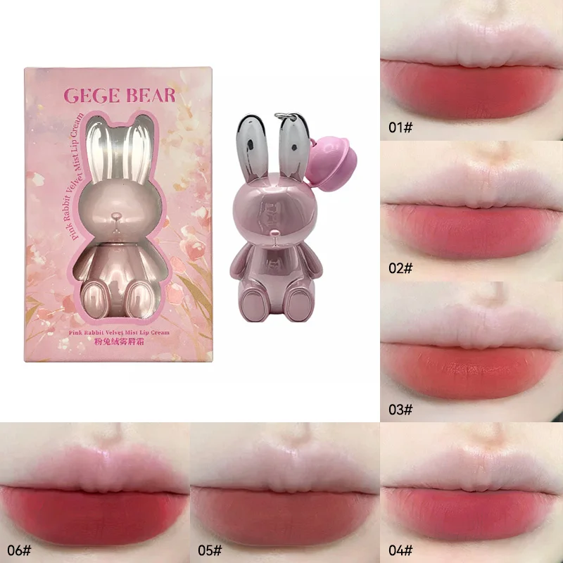 Gege Bear Pink Rabbit Velvet Lip Cream — Adorable Bunny Keychain, Soft Matte Velvet Finish Lip Tint