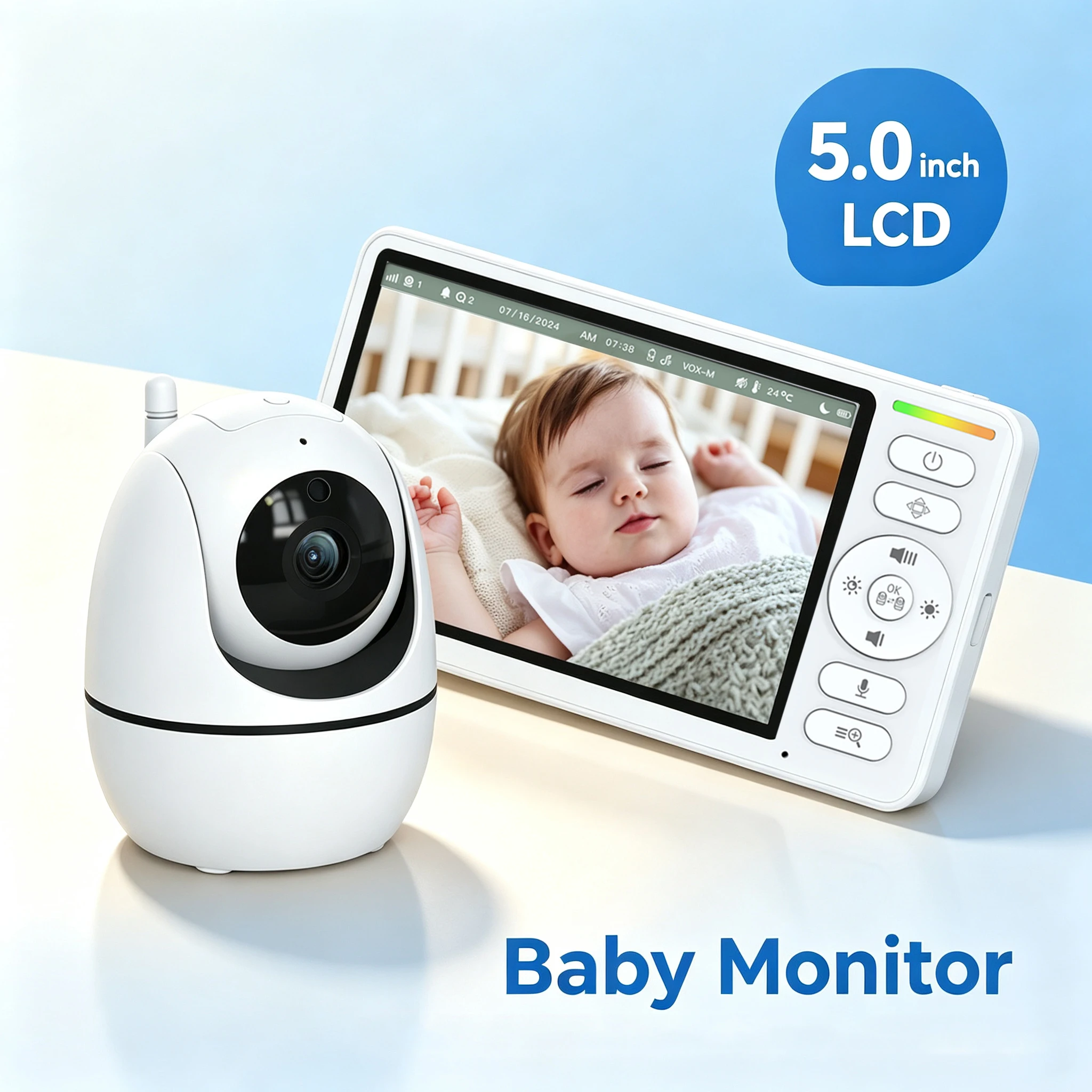 

5 Inch Baby Monitor with PTZ Camera Zoom Temperature Sensor Lullaby Night Vision Two Way Audio Smart Baby Security Camera
