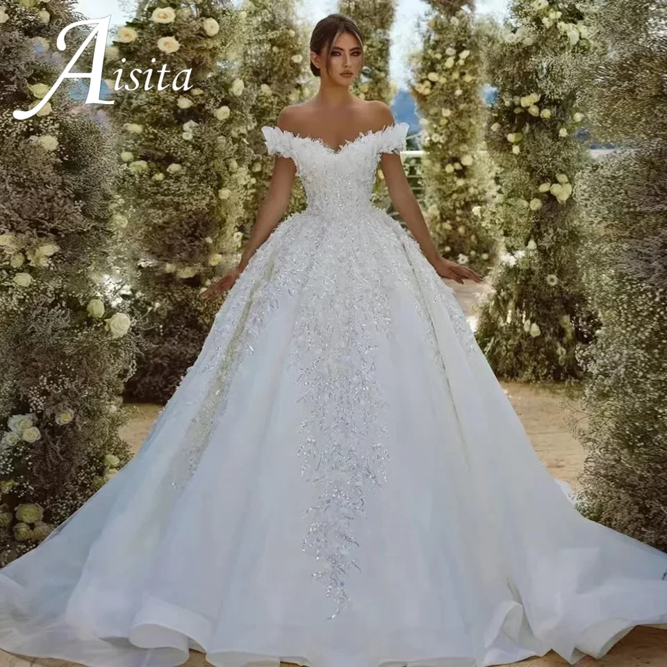Vestido De baile personalizado, vestidos De Boda De princesa con escote corazón y hombros descubiertos, Vestido De Novia con espalda descubierta y lentejuelas