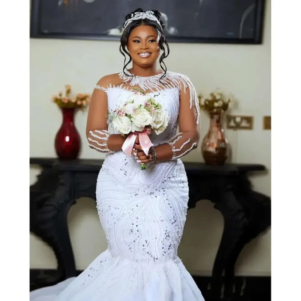 Personalizado brilhante contas de cristal sereia vestido de casamento para noiva robe de casamento árabe aso ebi mangas compridas vestidos de noiva