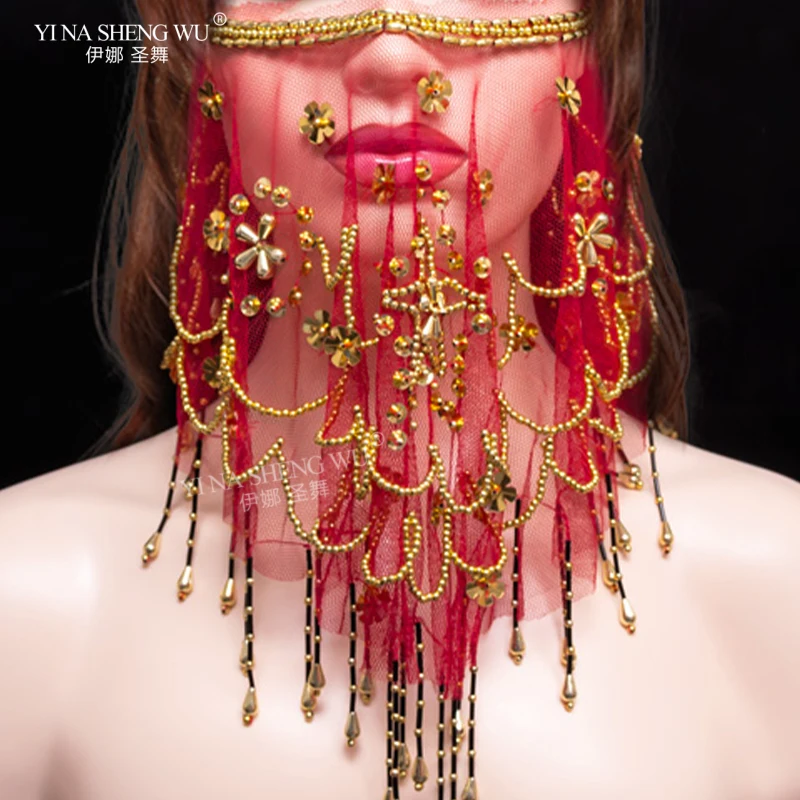 Máscara de velo de danza del vientre, accesorios de disfraz de danza India, lentejuelas de flor de ciruelo, rendimiento de danza del vientre, cubierta facial, bufanda, accesorios