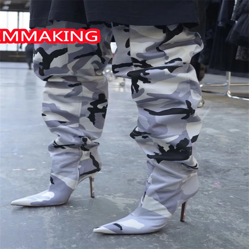 النساء جيب المدرج أشار تو خنجر فوق الركبة الأحذية تصميم جديد السيدات أحذية عالية الكعب botas de invierno الفقرة موهير #2