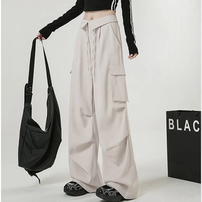 

Autumn Winter New Solid Color High Waist Wide Leg Trousers Women High Street Casual Loose Pocket Button Lacing All-match Pants