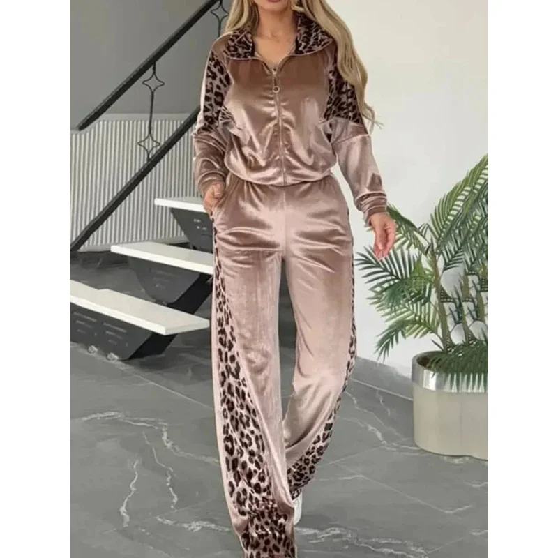 

Женский комплект из двух предметов с леопардовым принтом, куртка на молнии с длинными рукавами + свободные широкие брюки с высокой талией, весенне-осенний женский уличный наряд