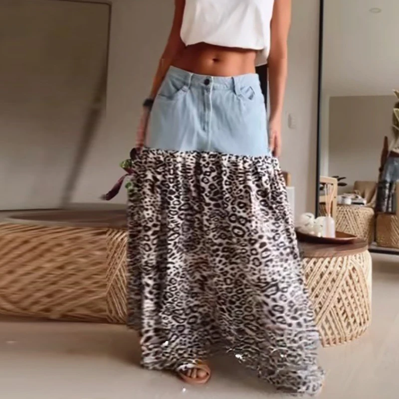 

Spring Summer Denim Patchwork Pleated Long Skirt Casual Pocket Leopard Print Skirt 2026 Fashion High Waisted Button Office Skirt