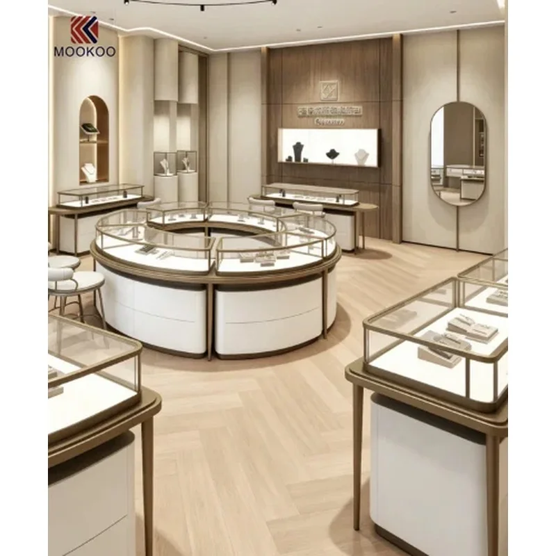 custom.Modern Curved Circular Jewel Boutique Full Fixture Set, Brushed Champagne  Frame Illuminated Vitrine,whole De