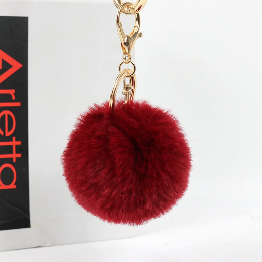 ASLSAW 1pcs 6cm Fake Fur Brand Bag Keychain Pompom Car Keyring Gold Color Chains Pompons Fake Fox Rabbit Fur Charms Chain