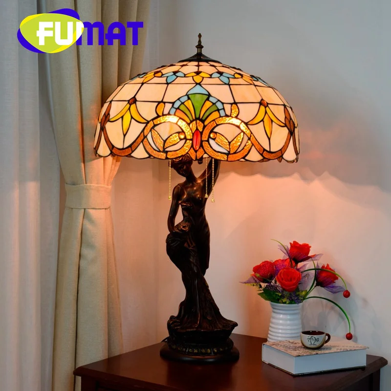 FUMAT Tiffany stained glass table lamp Vintage Baroque art Deco living room study bedroom Bedside Beauty reading lamp