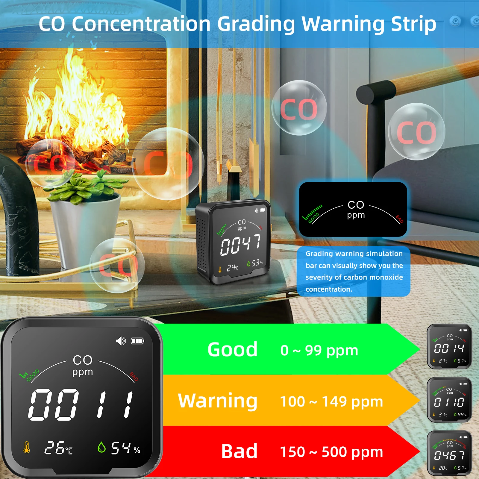 3 in 1 Air Quality Detector Smart CO Detector Intelligent CO Detector Portable CO Temperature Humidity and Air Quality Detector