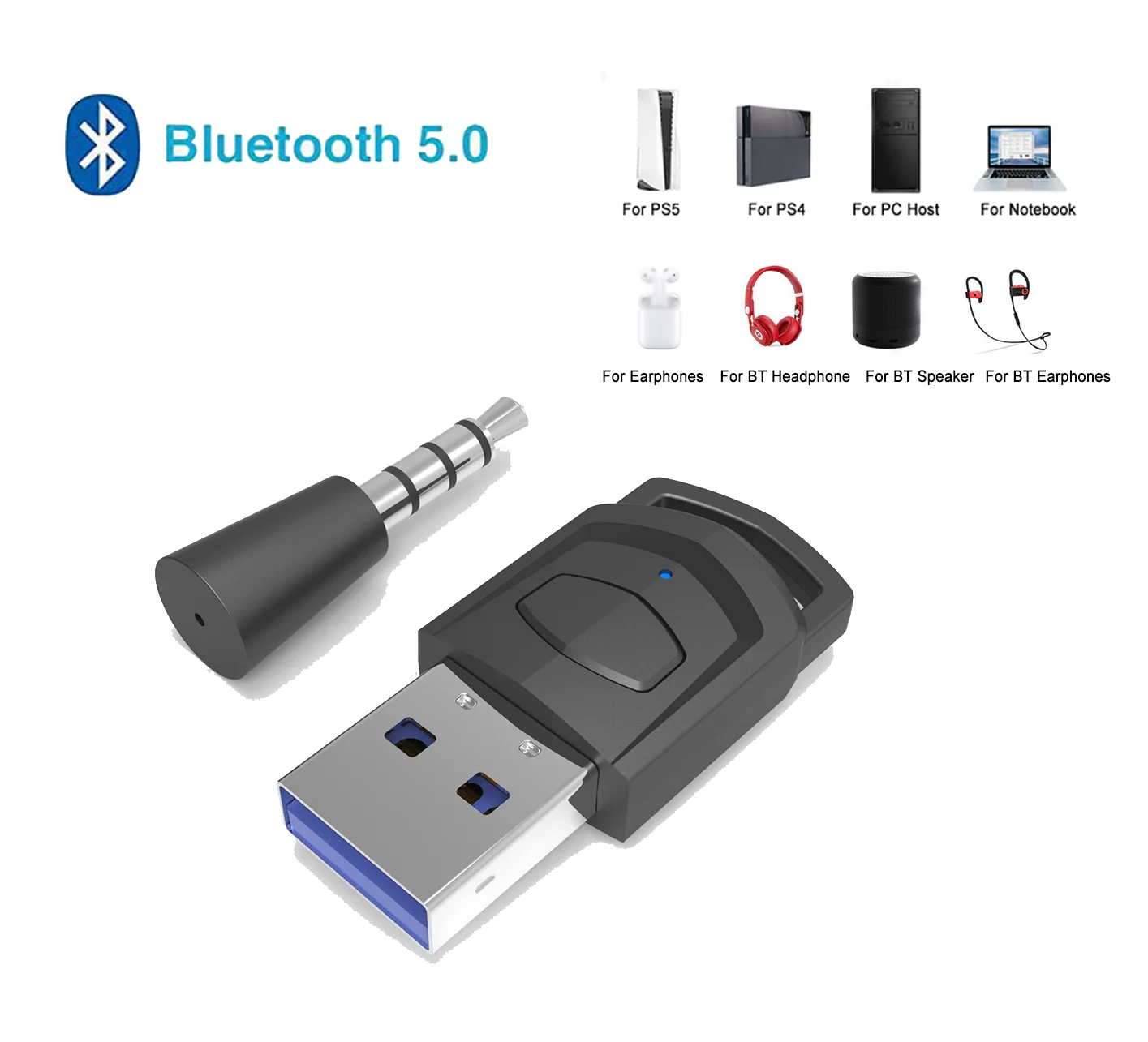 Bluetooth-Compatible 5.0 Transmitter Wireless USB Headphone Receiver for PS5 PS4 PC Headset USB Dongle Audio Adapter
