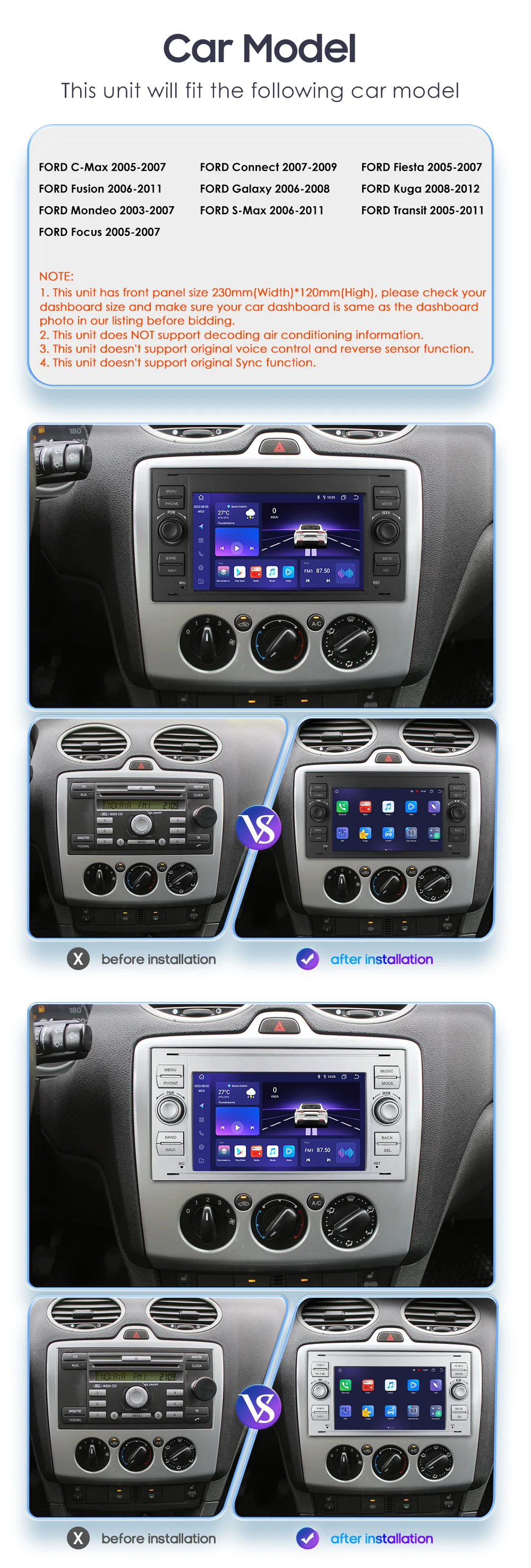 Hizpo Android Auto Radio For Ford Focus Mondeo Fiesta Transit Kuga C-Max S-Max Galaxy GPS Car Multimedia Player 2din CarPlay