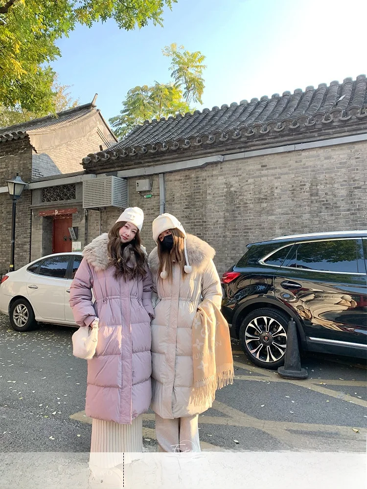 

EIA Long down Jaet Warm Winter Coat 90 White Du down Large Fur Collar Outerwear Ladies Casual Fit Thiened Nylon