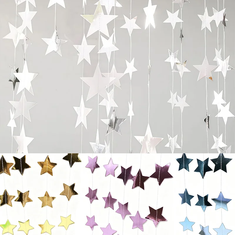 4/8/12m Glitzernde Silberne Sternengirlande DIY Hängende Schnurbanner Deko für Geburtstagsfeier Hochzeit Babyparty Zubehör Heimdekoration