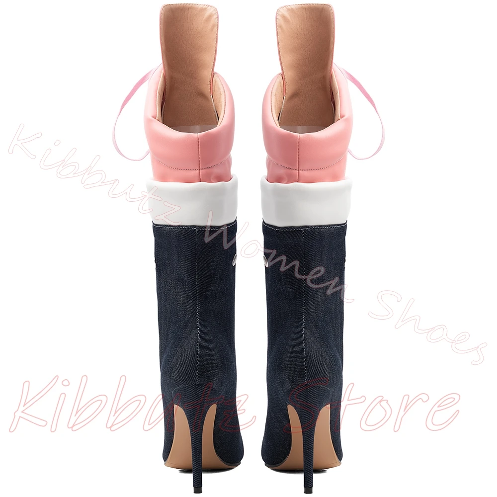 Knee High Lace Up Boot Pointed Toe Denim Leather Stiletto Heel Foldable Shaft Goth Punk Footwear Street Party Outfit Mixed Color
