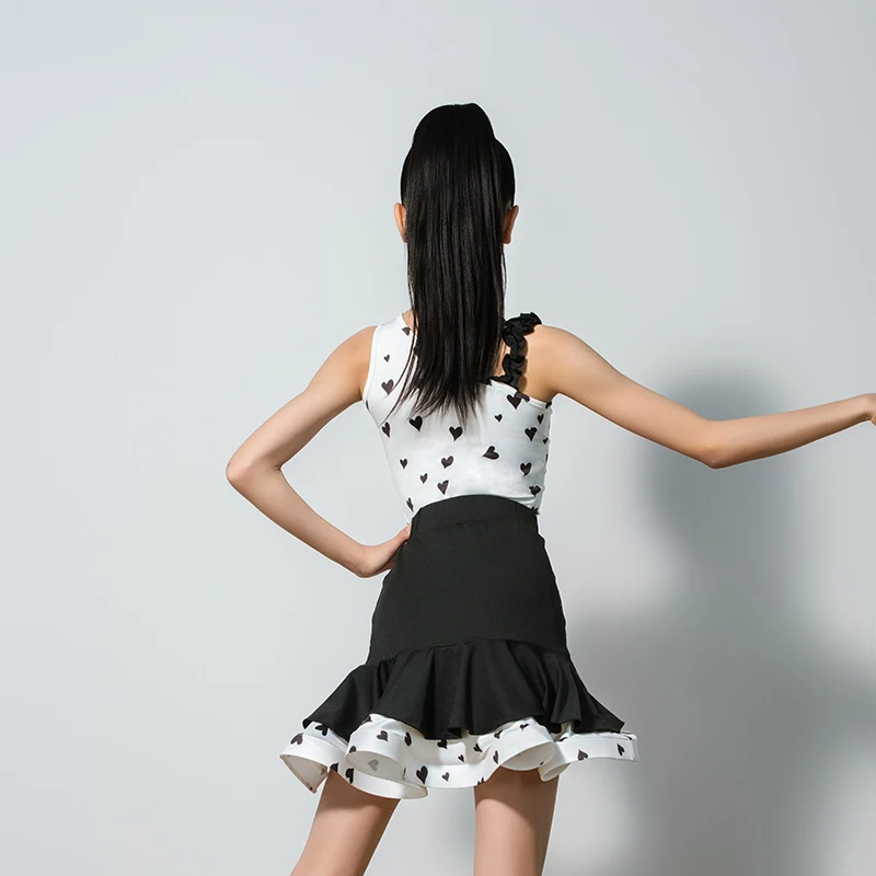 Costume da ballo latino per bambini Abiti da allenamento per spettacoli di danza Ragazze che ballano set di gonne a lisca di pesce stampate con spalla inclinata XH2974