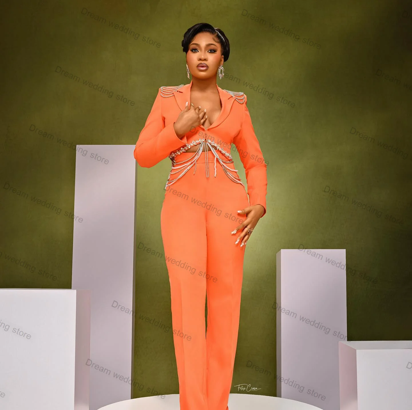 

Orange Crystals Women Suits Set 2 Piece Short Blazer+Pants Luxury Wedding Tuxedo Prom Dress Jacket Trousers Custom Made Coat