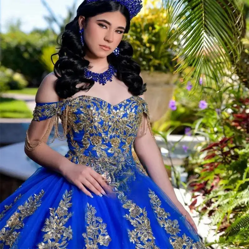 Aangepaste blauwe charmante kwastje quinceanera jurken voor meisjes lovertjes kant applicaties uit de schouder 15 anos vestido