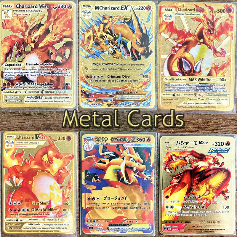 Charizard-Themen-Metall-Sammelkarten Arceus Mewtwo.Super Lehiram, 6 Stück Goldfolie Fan-Art-Sammelkarten, Sammlerstück, Spielzeug, Geschenk