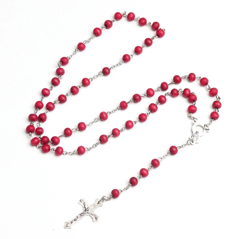 ZB91 Natural Wood Necklace Catholic Red Rosary Christian Crossed Necklace Handwoven Ornament Hip Hop Clothing Accessories