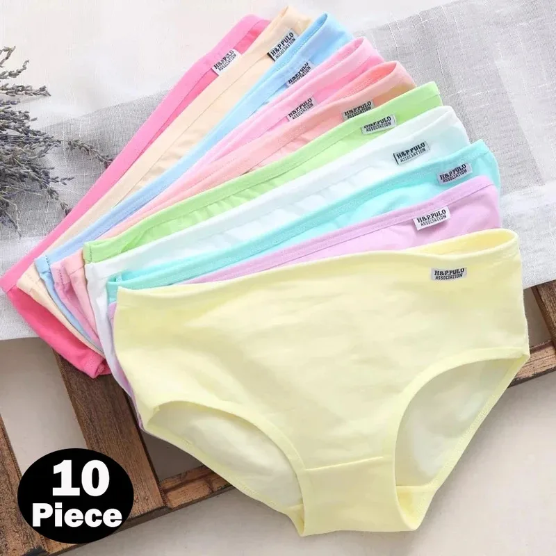 

10Pcs Women's Cotton Mid Waist Briefs Solid Candy Color Seamless Underwear Teen Girls Comfortable Lingerie Pantie