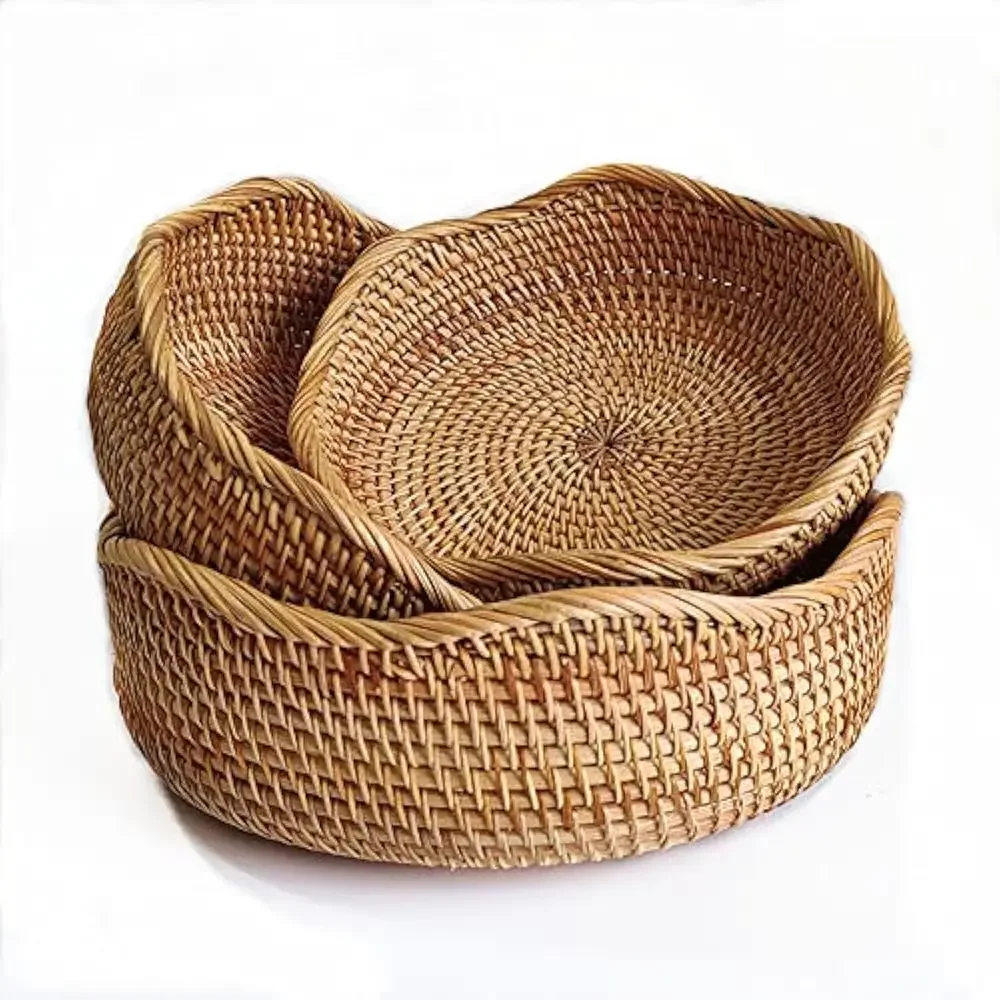 

Корзина для хлеба из ротанга, круглые корзины с фруктами, плетеные миски для хранения, сервировочные корзины из натуральной ткани, декоративные корзины для кухни