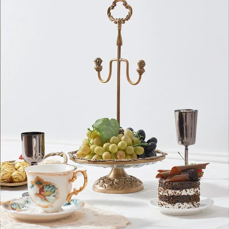 y17- French court-clad ancient brass double-layer dessert tray, European-style dining room glass-covered cake display tray