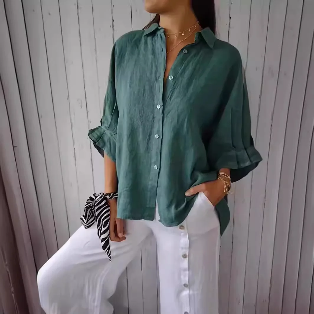 Summer Casual Cotton Linen Button Shirt Women Fashion Loose Solid Lapel Cotton Office Linen Shirt Women Top Retro 2025 White