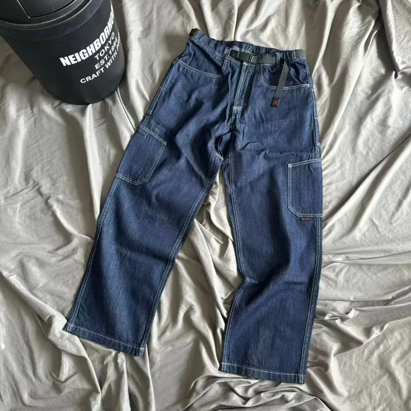 

Multi Pockets Gramicci Loose Jeans Function Buckle Adjustable Waist Blue Pants Men Women High Quality Casual Cargo Trousers