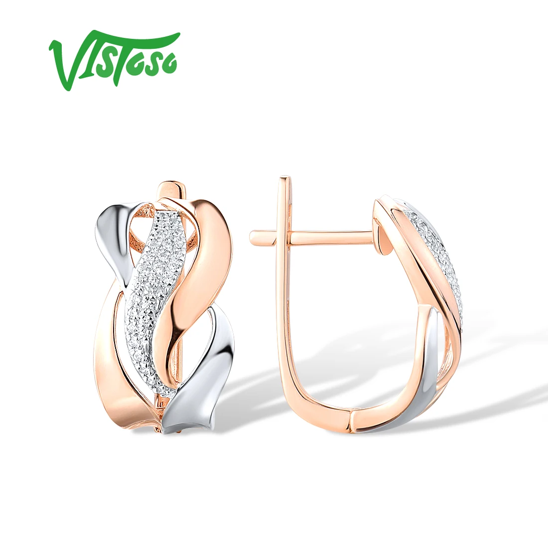 VISTOSO Real14K 585 Rose Gold Earrings For Women Sparkling Diamond Delicate Two Color Latch Back Wedding Set Fine Jewelry