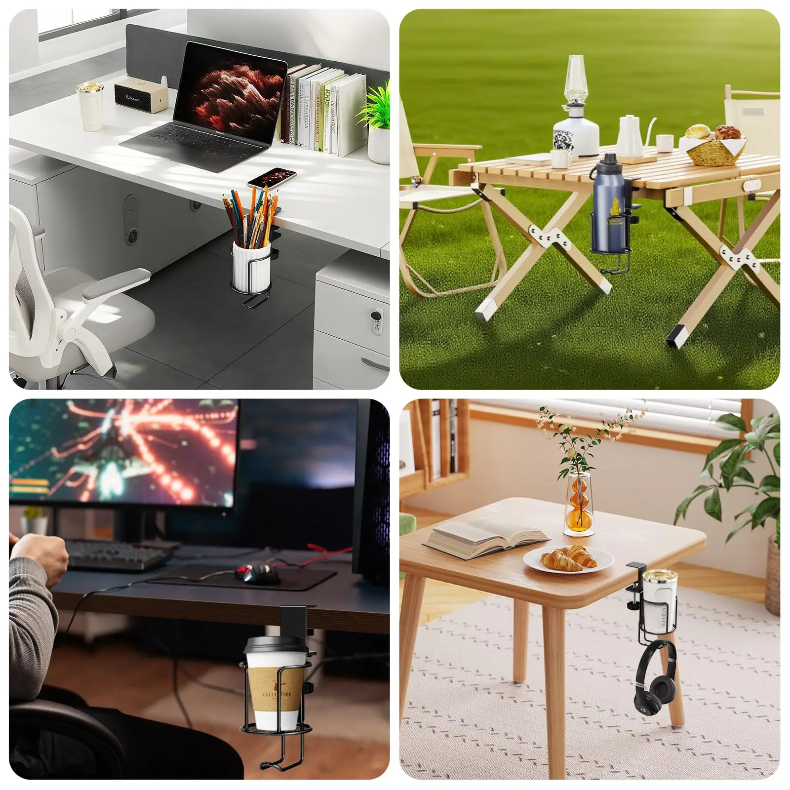2 in 1 Desk Cup Holder with Headphone Hanger Holder, Anti-Spill Clip-On Table Cup Hook with 360° Rotation for Office Home Table image 5