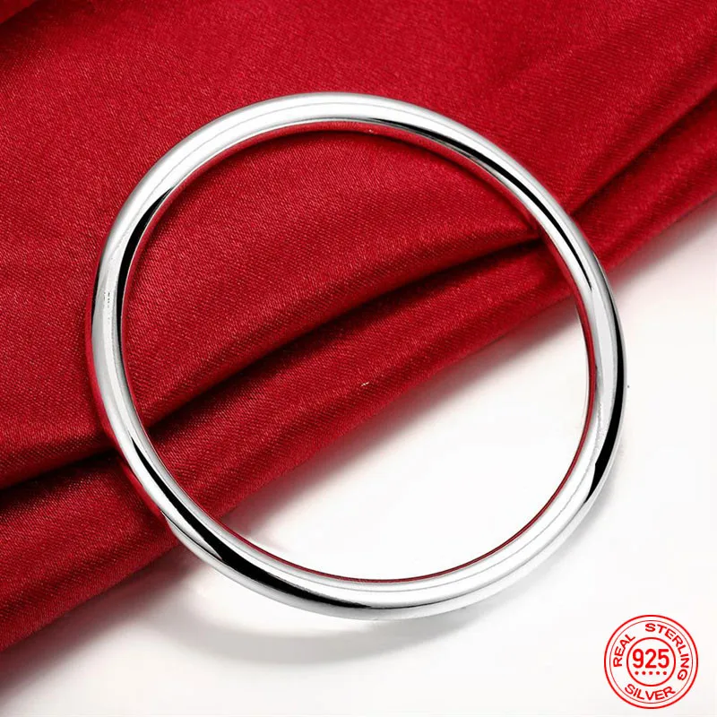 

925 Sterling Silver Round Smooth Cuff Bracelet&Bangles For Women Fashion Jewelry Wedding Gifts