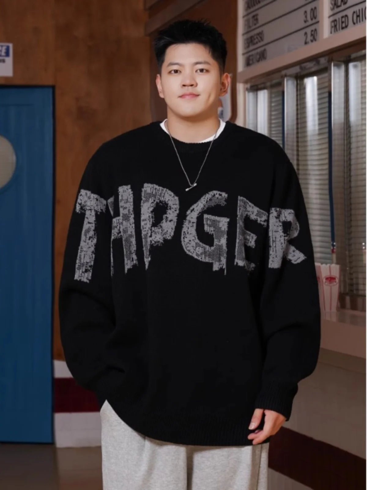 

Trendy Large Size Men's round Ne Knitted Sweater Letter Embroidery Autumn Winter Loose Versatile plus Size Extra Large Knit...