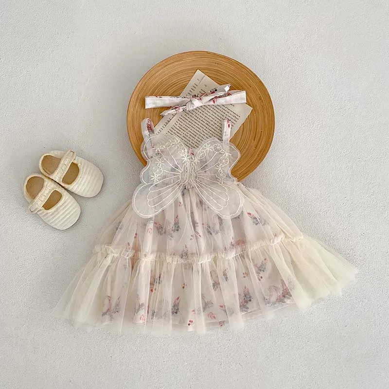 

Toddler Baby Girl Summer Tulle Dress Sleeveless 3D Butterfly Wing 2-Layers Lace Beach Casual Party Dress