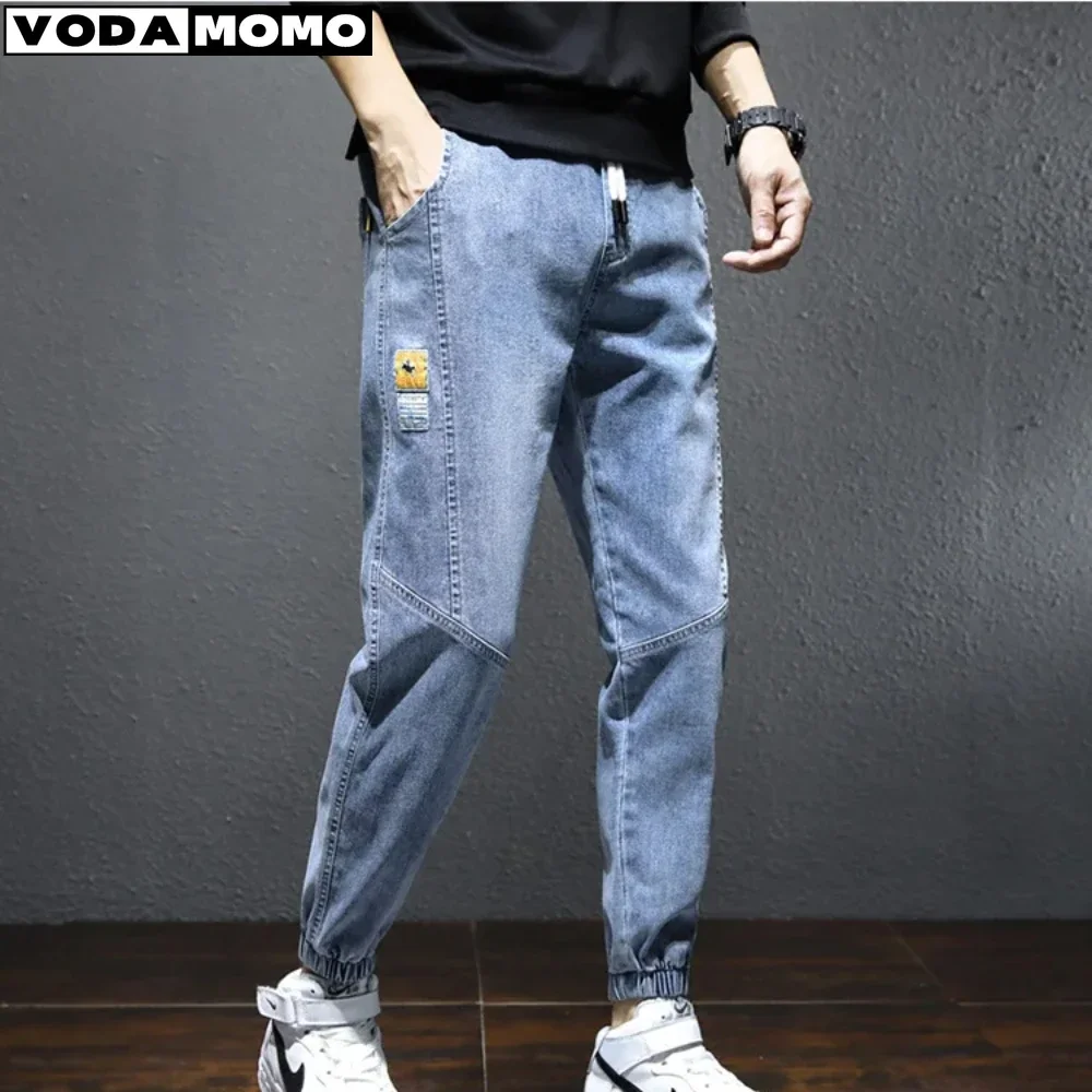 Japão coreano moda masculina perna larga jeans novo streetwear em linha reta baggy cintura elástica calças jeans masculino casual calças soltas