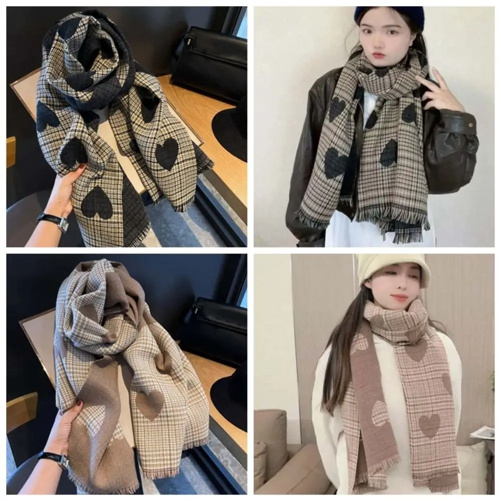 Koreanischen Stil Acryl Fasern Herz Gestrickte Schal Wärmer Tartans Gedruckt doppelseitige Schal Hijab Weiche Lange Verdickte Schal Mädchen