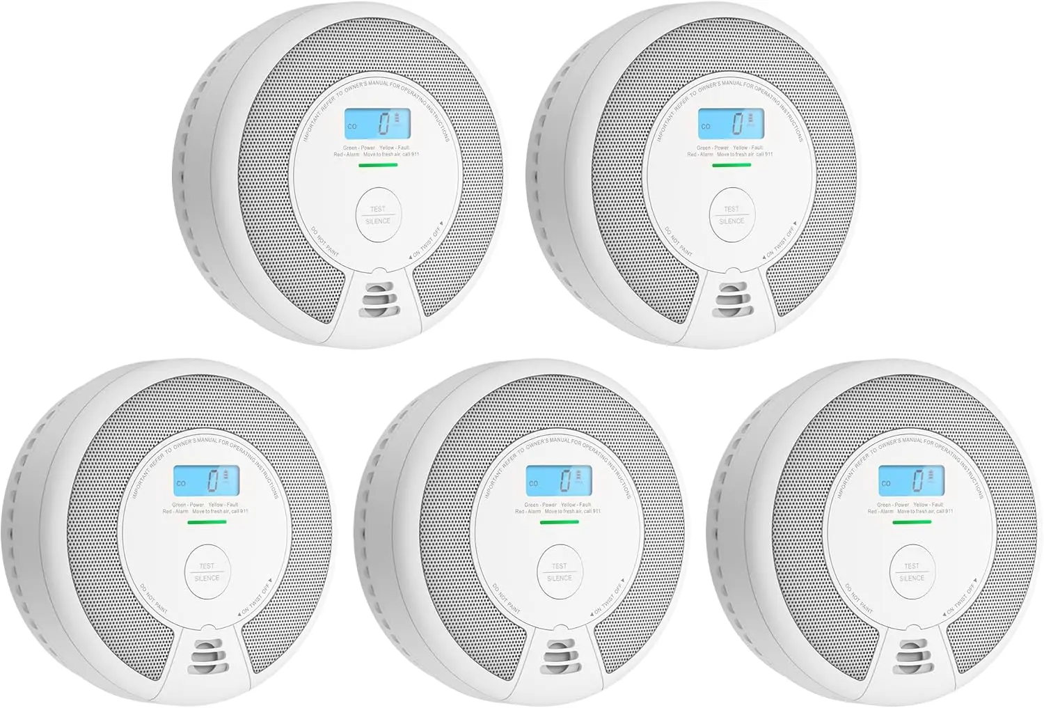 10 Jaar Batterij Combinatie Rook Koolmonoxide Alarmdetector Met Groot Lcd-Scherm, Stand-Alone Model, 5-Pack