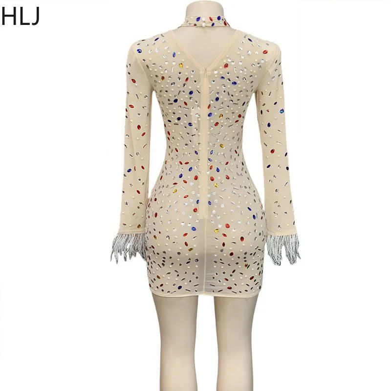 HLJ เซ็กซี่ตาข่าย Rhinestone คริสตัล Bodycon มินิเดรส WomanLong แขนยาวขนสัตว์ Patchwork ชุดหญิงวันเกิด Party Vestidos