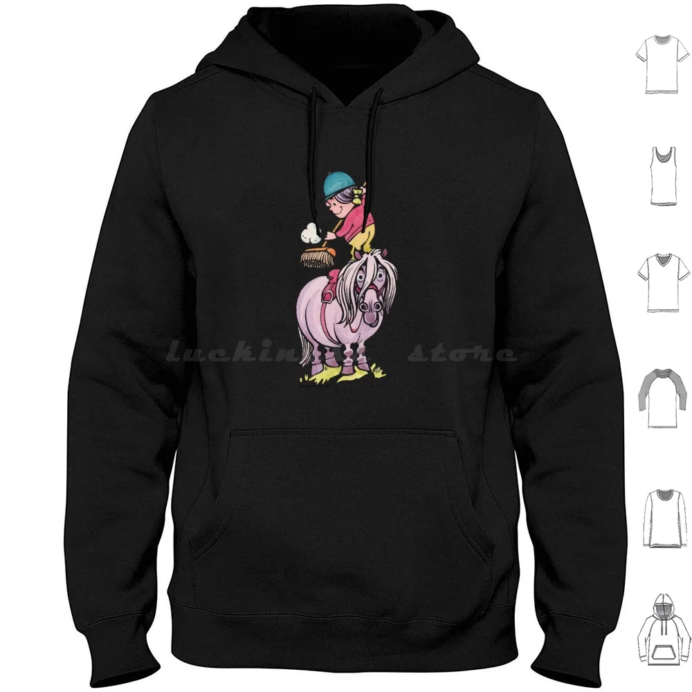 Thelwell Rider Cleaning Their Horse Hoodies Long Sleeve Thelwell Rider Cleaning Their Horse