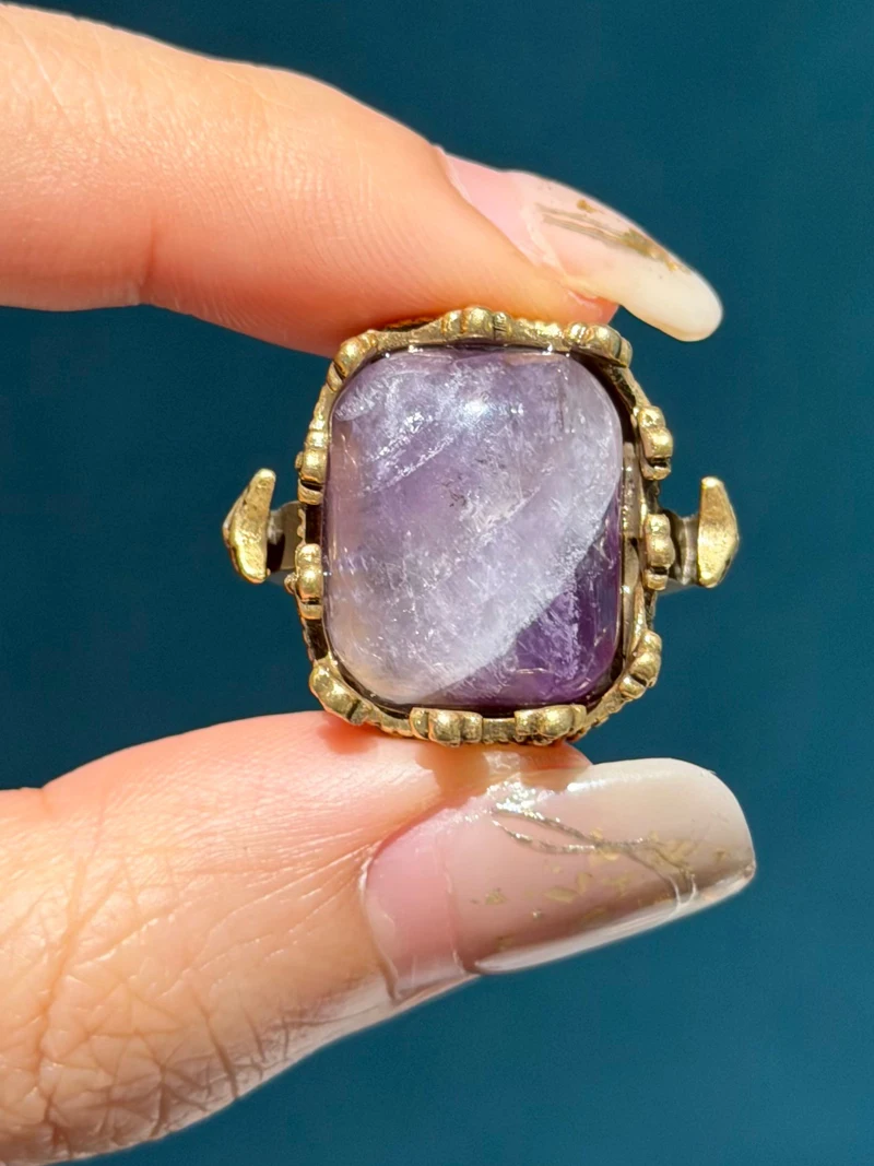 Retro Noble Purple Square Natural Stone Rings for Women Prong Setting Wedding Bands Vintage Antique Jewelry Party Copper 2024
