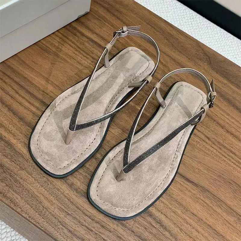 

Classic Flip Flops Sandals For Woman Summer String Bead Flat Shoes Women Suede Leather Narrow Band Sandalias Women