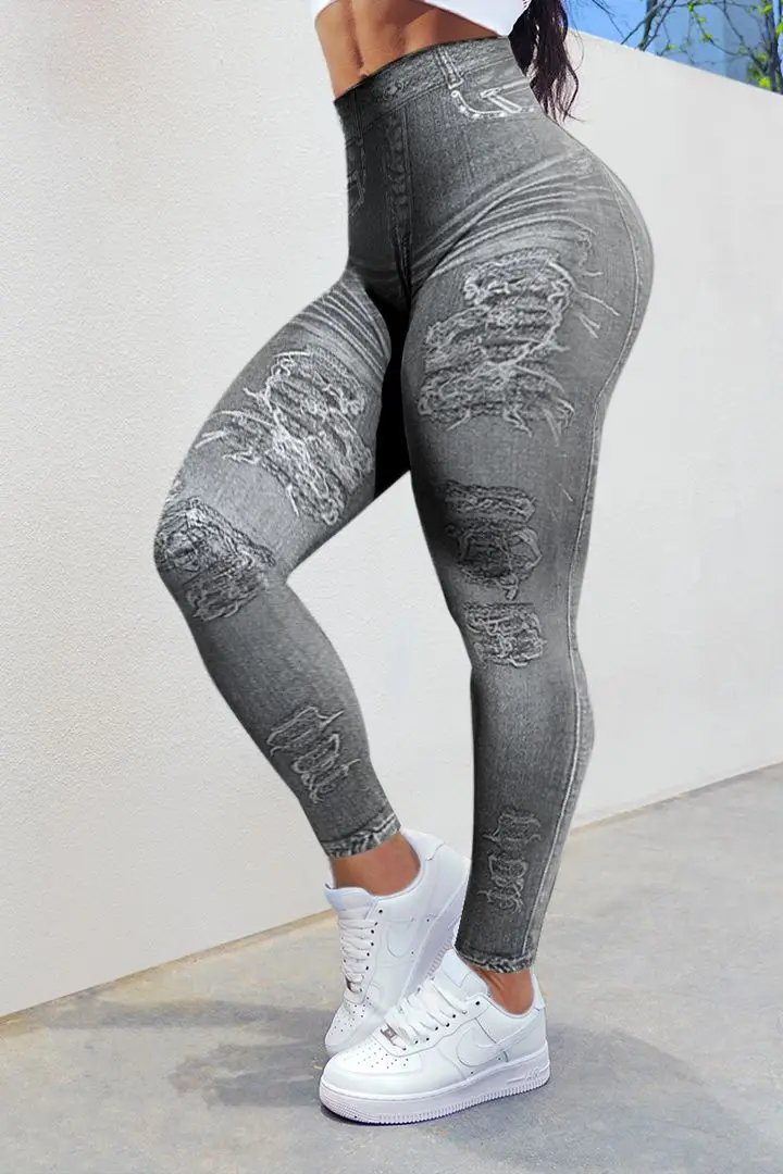 FCCEXIO Grey Distressed Patch Denim Print Women Sports Leggings High Waist Running Sexy Tight Fitness Workout Yoga Gym Push Up