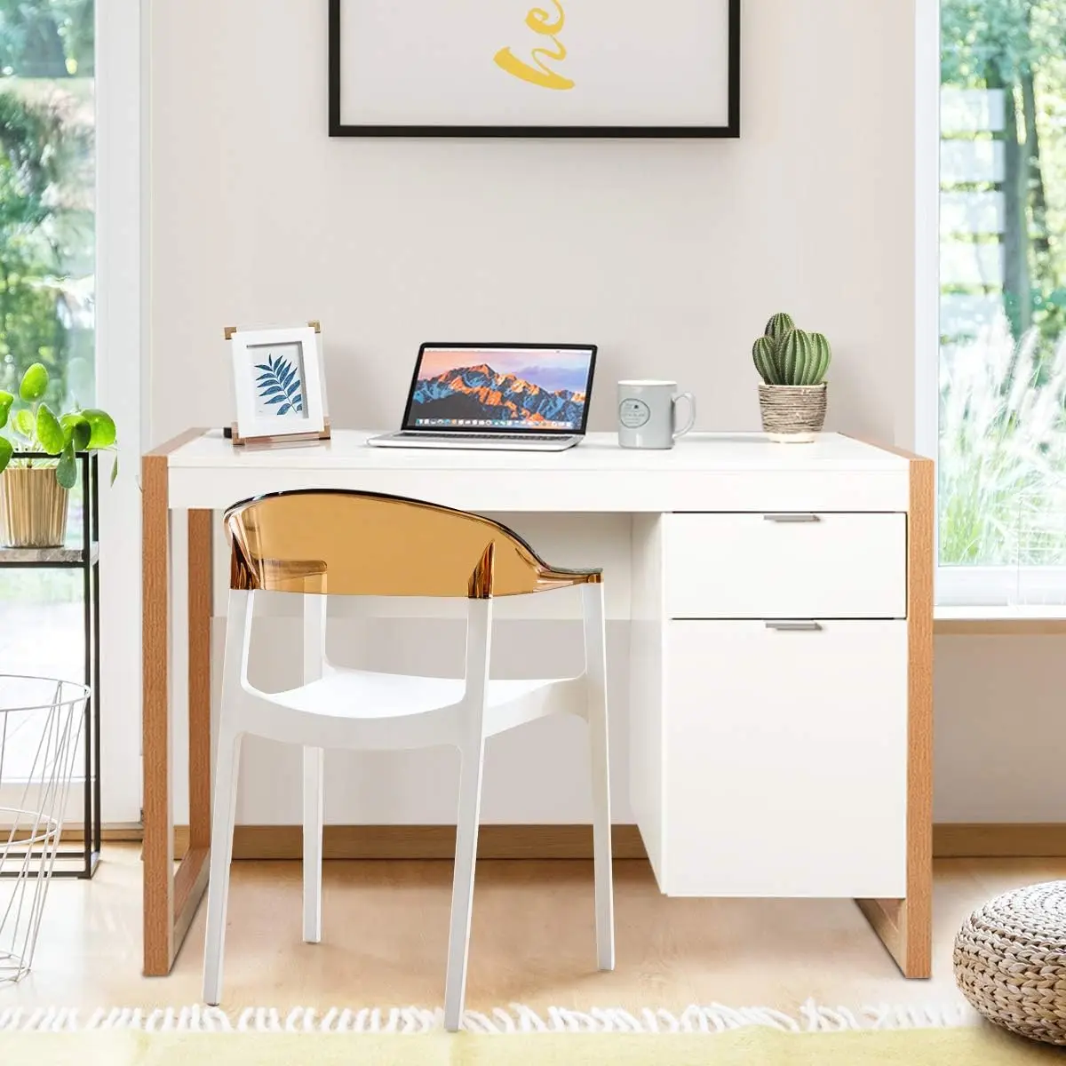 Desk with Drawer & Cabinet, Wooden Home Office Desk, PC Laptop Workstation Study Writing Desk, Ideal for Bedroom Home Office